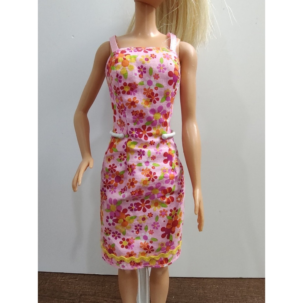 Barbie Doll Dress Sleeveless Pink Yellow FLORAL Flowers DRESS ONLY Z19